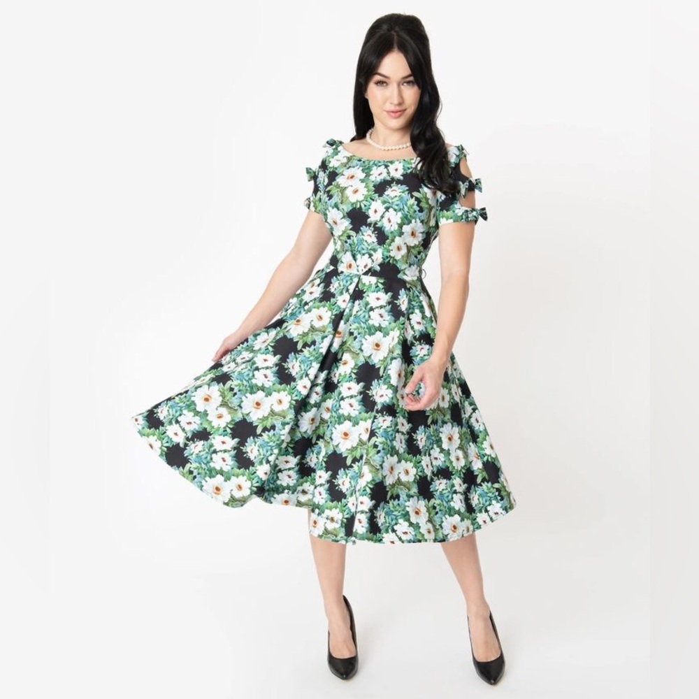 Unique Vintage Selma Swing Black and Green Floral Midi 1950’s style Dress